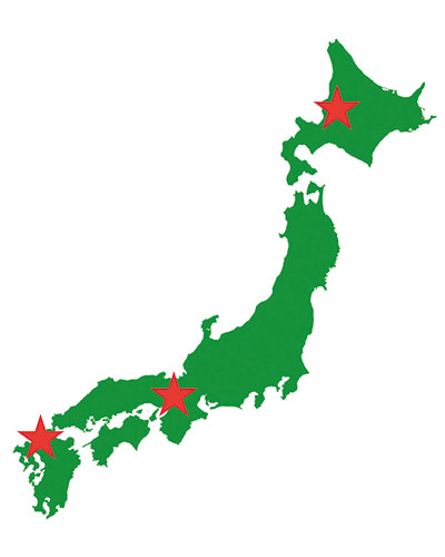 実地踏査型研修旅行の拠点3ヵ所を示した日本地図のイラストです。