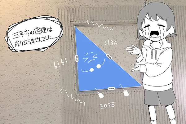 お絵描きが得意という生徒が描いた「三平方の定理君」です。残念ながら三平方の定理は成り立たなかったようですが、高度なクオリティに降矢先生も舌を巻いたそうです。