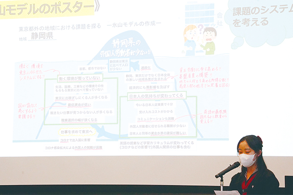 国語では中1・中2で「聞く・話す」授業を実施。語彙と知識を増やしながら、プレゼン力を磨いていきます（写真は『総合学習成果発表』より）。