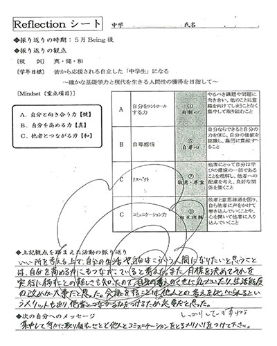 道徳の授業『Being』で使用するリフレクションシート。写真は、生徒が実際に記入した振り返りの一例です。